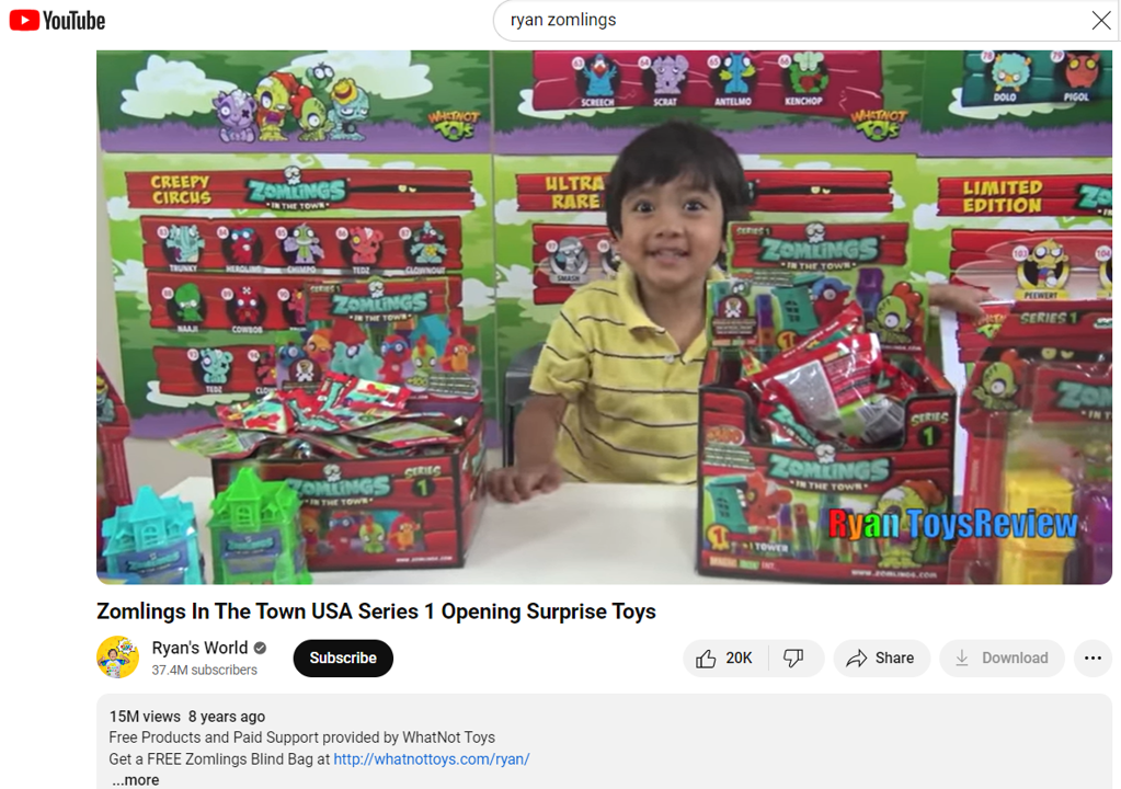 YouTube toy unboxing influencer Ryan